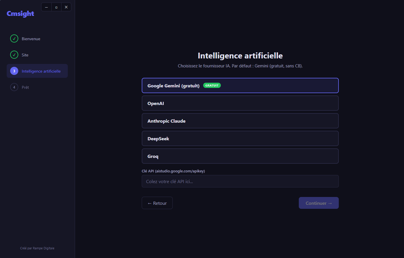 Choix du fournisseur IA dans Cmsight