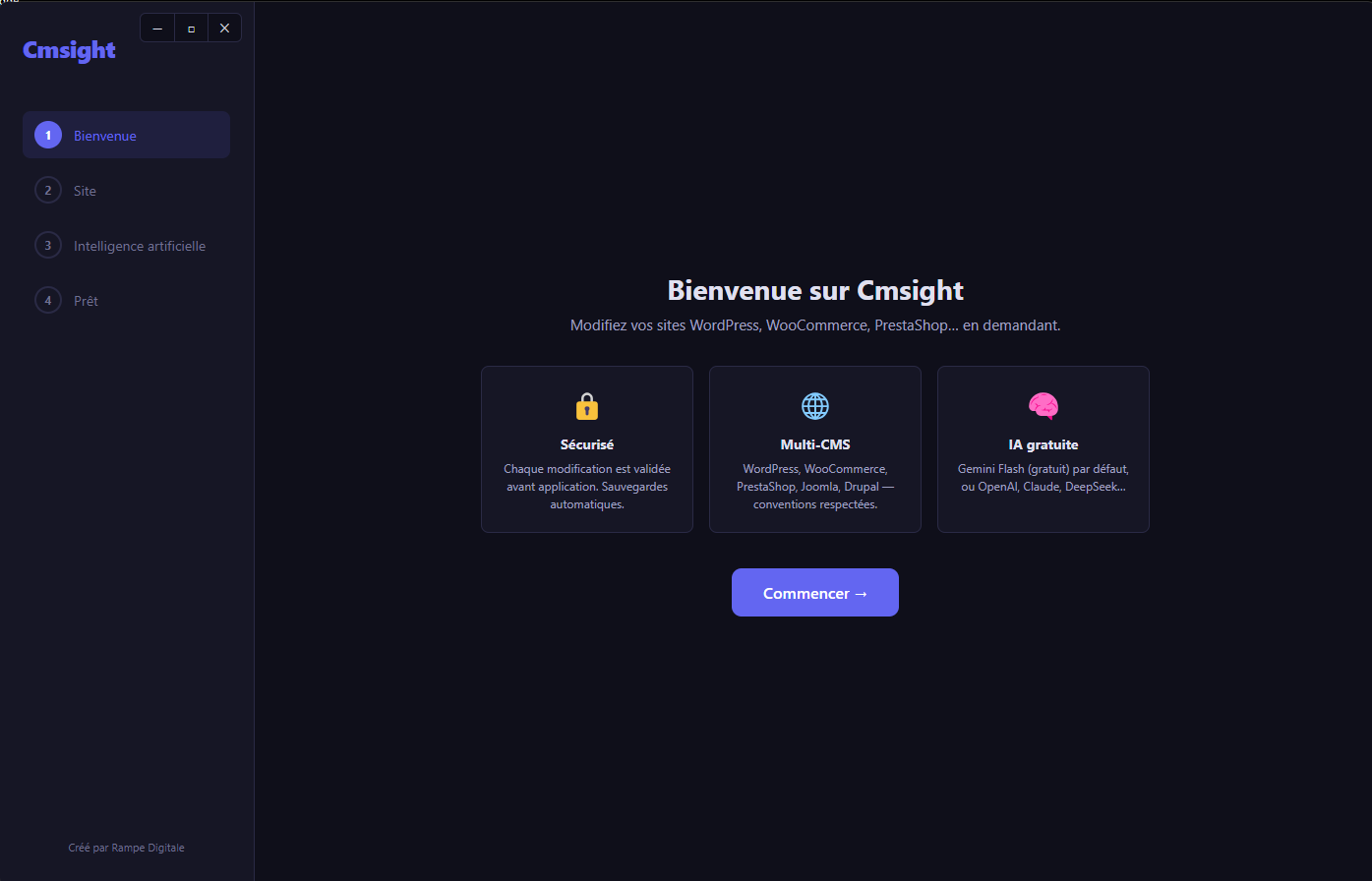 Interface de Cmsight au lancement
